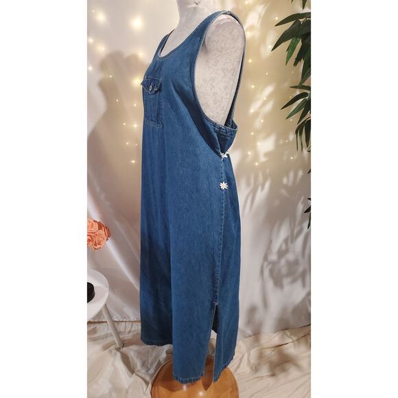 Vtg 90s Bill Blass Denim Daisy Tieback Maxi Overall Dress Size L Cottage Modest - Picture 3 of 10